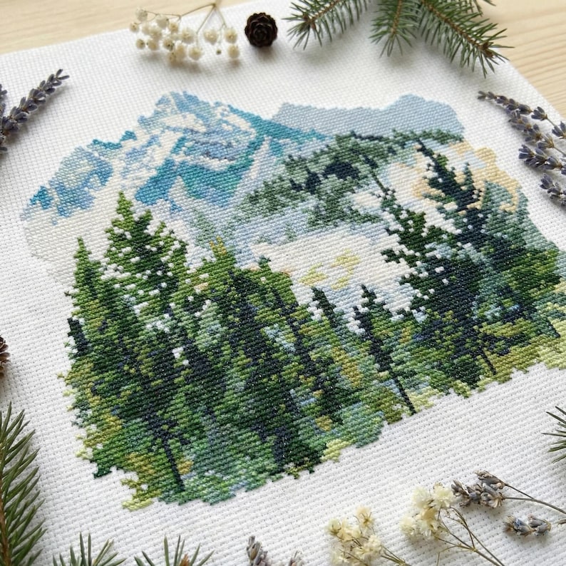 Forest Mountains Cross Stitch Pattern PDF - Nature Landscape Trees ...