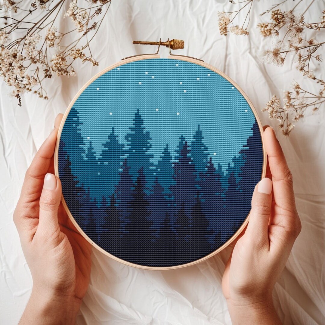Woodland Landscape Cross Stitch Pattern PDF - Night Forest Modern ...