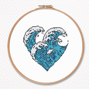 Op de afbeelding: Een kruissteekpatroon van een blauw en wit hartvormig golfontwerp. Het patroon is ingelijst in een houten borduurring.