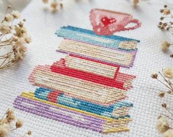 Book cross stitch pattern PDF - easy simple funny nerdy tea bookish book lover gift reading library modern - instant download #CS12