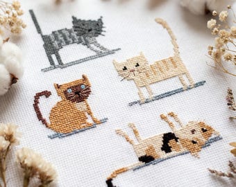 Tiny Cat Cross Stitch Patterns PDF, Set of 4 Easy Beginner Designs, Cute Minimalist Kittens, Quick Stitch Embroidery - instant download #CS9