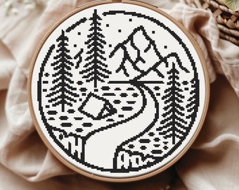 Round contour cross stitch pattern PDF - instant download - modern easy simple black and white travel nature forest scandinavian #CS195