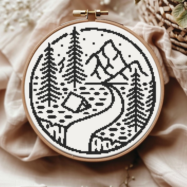 Round contour cross stitch pattern PDF - instant download - modern easy simple black and white travel nature forest scandinavian #CS195