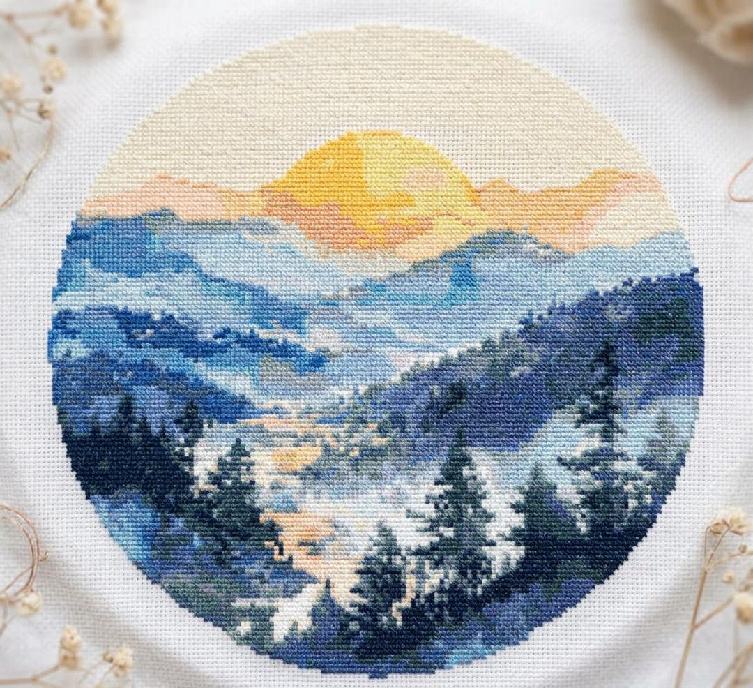 Watercolor Landscape Cross Stitch Pattern PDF - Forest Mountain