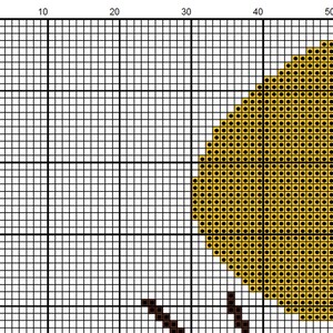 May include: A cross-stitch pattern showing a large yellow circle with a black outline, set against a grid of black squares. The word "W" is visible in the lower portion of the pattern, stitched in black.