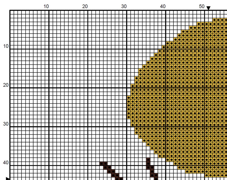 May include: A cross-stitch pattern showing a large yellow circle with a black outline, set against a grid of black squares. The word "W" is visible in the lower portion of the pattern, stitched in black.