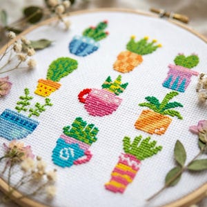 Korsstygnsmönster för minikrukor i PDF-format, broderidiagram för kaktus och suckulent, set med botaniska krukväxter, direktnedladdning #CS160