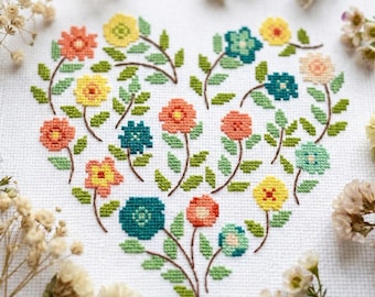 Floral Heart Cross Stitch Pattern PDF, Folk Art Flower Embroidery Chart, Romantic Botanical Wall Decor, Instant Download #CS2