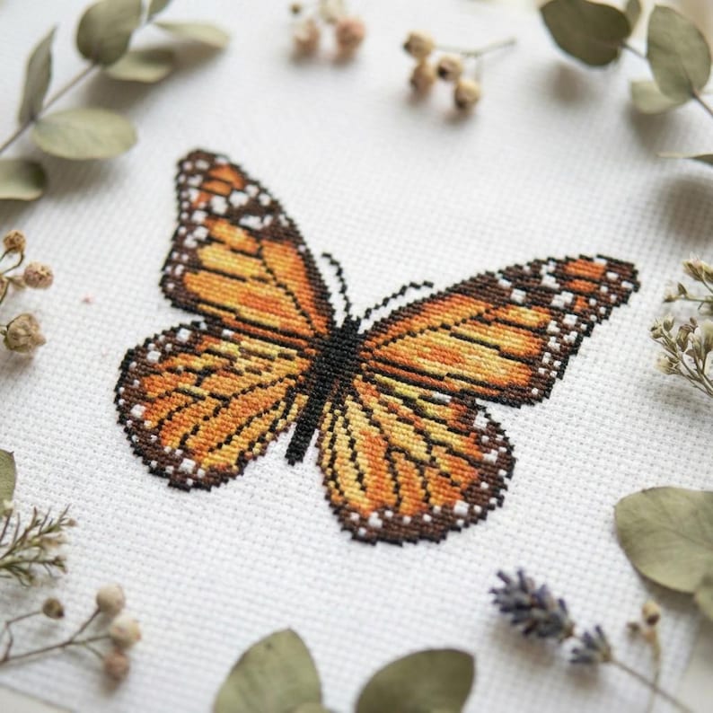 Monarch butterfly cross stitch pattern PDF - instant download - retro unique insect realistic needlepoint counted modern #CS18 image 1