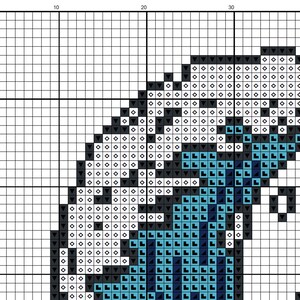 Op de afbeelding: Een pixel art kruissteekpatroon met een blauwe en witte vogel met zwarte accenten. De vogel kijkt naar de rechterkant van de afbeelding.