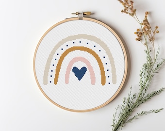Boho rainbow cross stitch pattern PDF - easy simple heart baby nursery decor neutral color - instant download #CS233