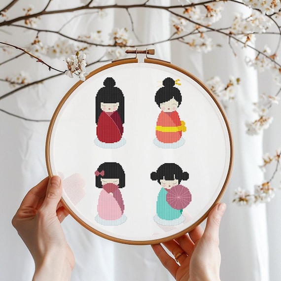 Small Kokeshi Doll Cross Stitch Pattern PDF - Modern Japan