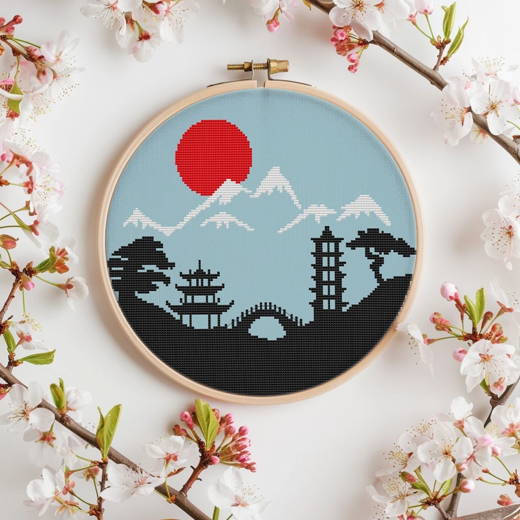 Japanese Silhouette Landscape Cross Stitch Pattern PDF - Instant