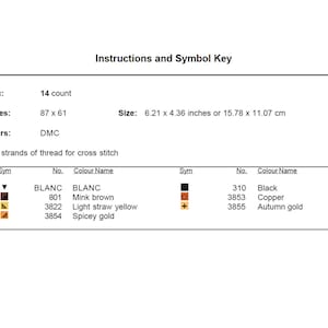 May include: Cross stitch pattern chart with instructions and a symbol key. The chart includes DMC thread colors: Blanc, Mink brown, Light straw yellow, Spicey gold, Black, Copper, and Autumn gold.