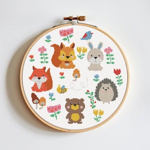 Woodland animals cross stitch pattern PDF - baby bunny rabbit bear squirrel fox hedgehog funny - instant download #CS110