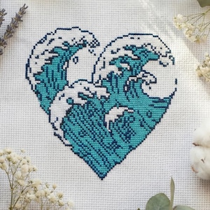 Ocean cross stitch pattern PDF - instant download - traveling sea water wave marine modern heart nautical embroidery fantasy #CS84