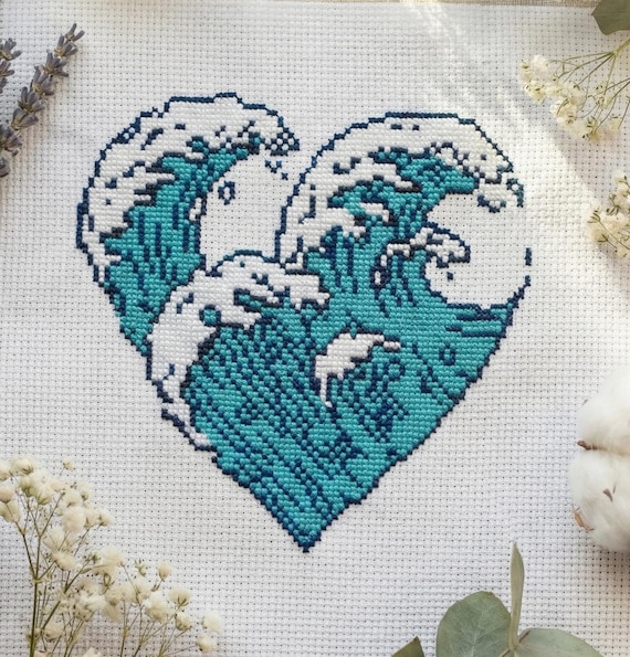 Ocean cross stitch pattern PDF - instant download - traveling sea water wave marine modern heart nautical embroidery fantasy #CS84