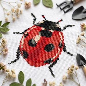 Schema per punto croce a forma di coccinella in PDF - download immediato - piccolo insetto della natura, schema moderno e divertente per punto croce DMC #CS75