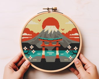 Japan cross stitch pattern PDF - instant download - japanese nature sunset asian counted modern decor landscape sunrise fujiyama #CS55