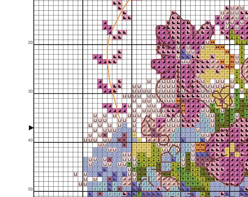 Peut inclure: Mod&egrave;le de point de croix avec un motif floral compos&eacute; de fleurs roses, jaunes, vertes, bleues et brunes. Le motif est sur un fond de grille blanche.