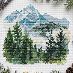 Forest mountains cross stitch pattern PDF - nature landscape trees summer woodland camping hiking - instant download #CS70