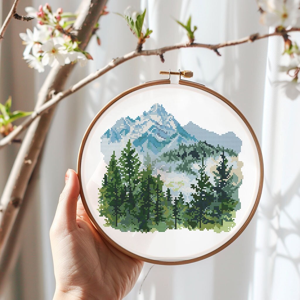 Forest mountains cross stitch pattern PDF - nature landscape trees summer woodland camping hiking - instant download #CS70