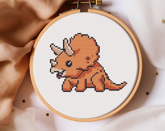 Small dinosaur cross stitch pattern PDF - instant download - triceratops dino jurassic park nursery baby beginner cute funny easy #CS68