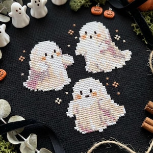 Cute Ghost Trio Cross Stitch Pattern PDF, Kawaii Halloween Ghosts on Black Fabric, Easy Spooky Embroidery, Instant Download CS128