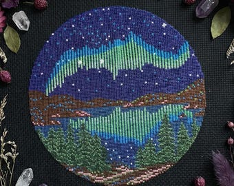 Northern lights cross stitch pattern PDF - aurora nature galaxy modern scenic landscape mountains woodland - instant download #CS273
