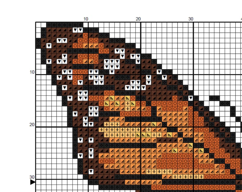 May include: Cross stitch pattern of a butterfly with brown, orange, and white wings. The pattern is on a grid with numbers for reference.