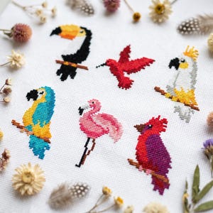 May include: A white fabric with cross-stitch patterns of colourful birds, including a toucan, hummingbird, parrot, flamingo, and cockatoo. The birds are perched on branches. Dried flowers and feathers surround the stitched birds.