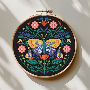 Folk butterfly cross stitch pattern PDF - dark cottagecore nordic scandinavian floral moth insect round - instant download #CS17