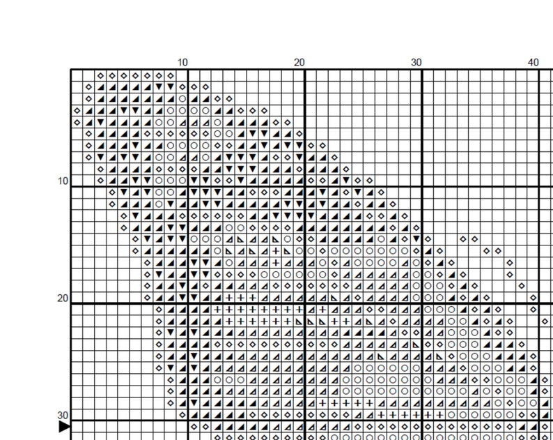 May include: Black and white cross stitch pattern with a variety of shapes, including circles, triangles, and plus signs. The pattern is arranged in a circular shape.