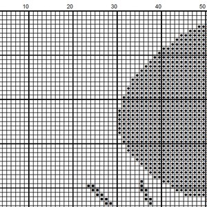 May include: A cross-stitch pattern chart featuring a grid of black squares and a large, shaded area on the right. The shaded area is made up of small black dots, creating a textured effect. The chart is designed for needlework projects.