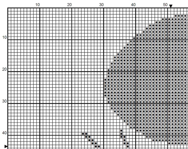 May include: A cross-stitch pattern chart featuring a grid of black squares and a large, shaded area on the right. The shaded area is made up of small black dots, creating a textured effect. The chart is designed for needlework projects.
