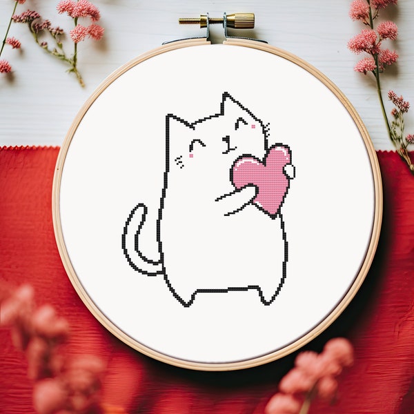 Lindo gato patrón de punto de cruz PDF - lindo animal fácil amor simple regalo del día de San Valentín corazón - descarga instantánea #CS332