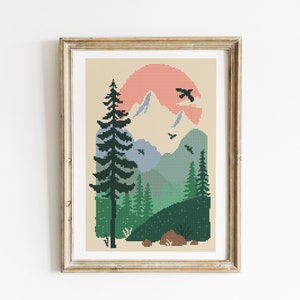 Nature wall decor cross stitch pattern PDF - instant download - landscape tree forest mountain sun counted modern #CS35