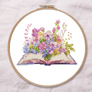 Peut inclure: Un livre ouvert avec un bouquet de fleurs roses, violettes et blanches sur le dessus. Le livre est blanc avec une reliure bleu clair.