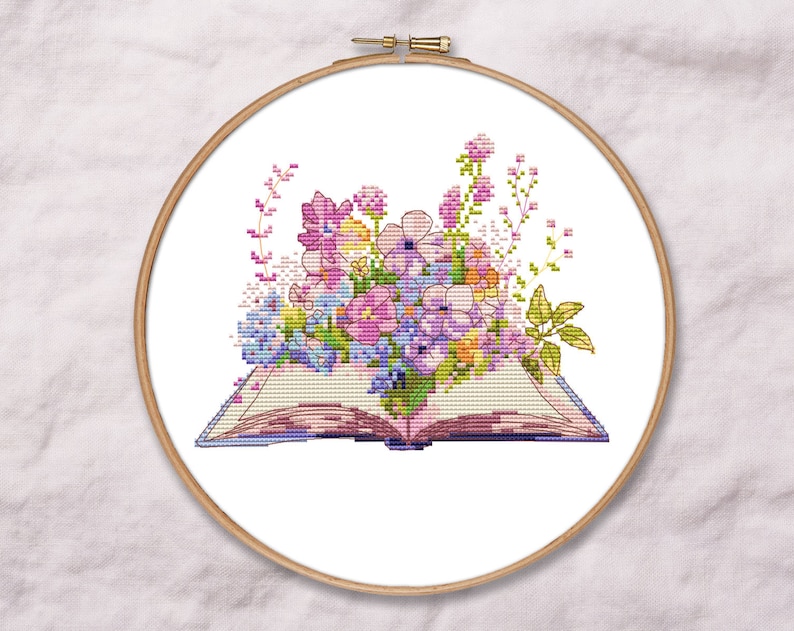 Peut inclure: Un livre ouvert avec un bouquet de fleurs roses, violettes et blanches sur le dessus. Le livre est blanc avec une reliure bleu clair.