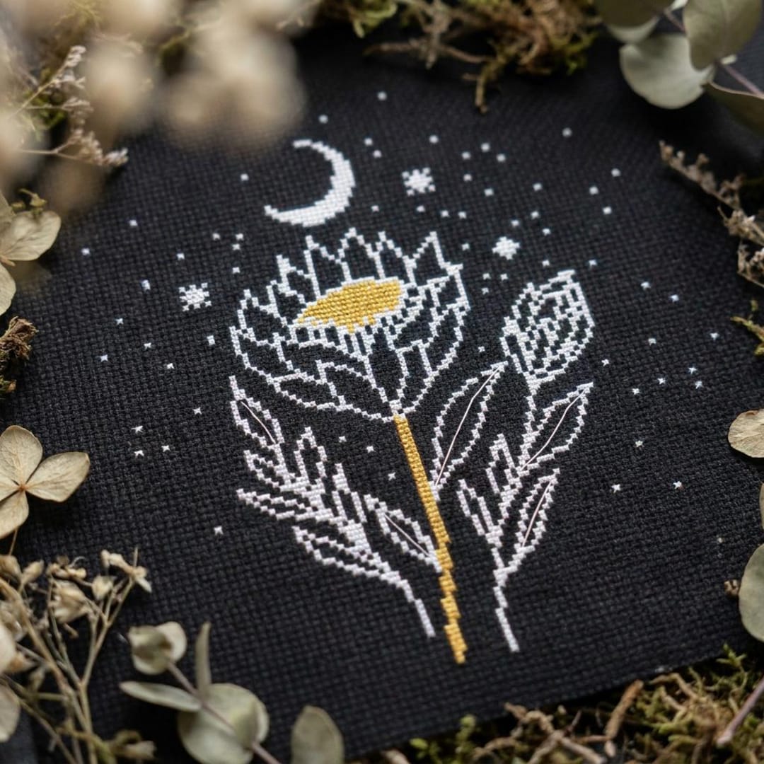 Witchy Protea Cross Stitch Pattern PDF - Crescent Moon Gothic