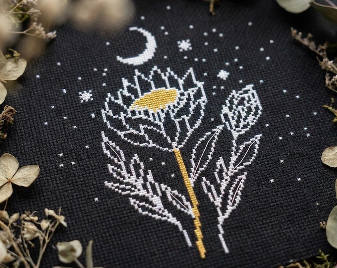Witchy Protea Cross Stitch Pattern PDF - Crescent Moon Gothic