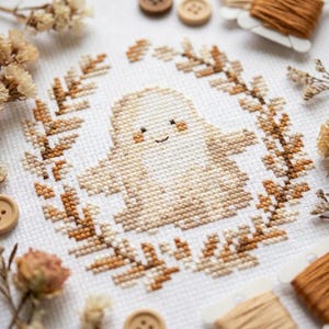 Cute Autumn Ghost Cross Stitch Pattern PDF, Small Beginner Halloween Embroidery Chart, Neutral Botanical Wreath, Instant Download CS130