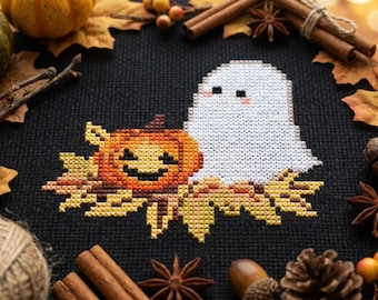 Cute Ghost and Pumpkin Cross Stitch Pattern PDF, Easy Small Halloween Embroidery Chart for Beginners, Instant Download CS142