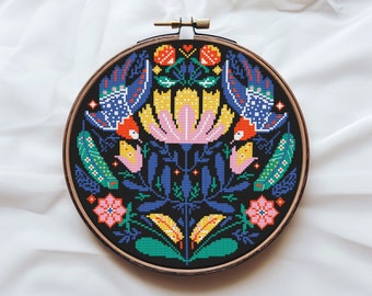 Scandinavian bird & feather cross stitch pattern PDF - folk sampler floral modern nordic round swedish embroidery witchy #CS86