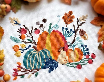 Kreuzstichmuster Kürbis Herbst (PDF), Stickvorlage für die Erntedankzeit, moderne Herbstdekoration, Sofort-Download #CS147