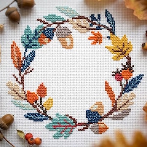 Colorful Autumn Wreath Cross Stitch Pattern PDF, Acorns and Leaves Botanical Embroidery Chart, Fall Hoop Decor, Instant Download #CS146