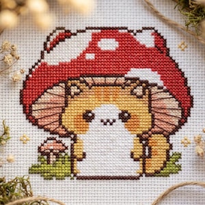 Mushroom cat cross stitch pattern PDF - small kawaii anime autumn halloween cute funny jack o lantern easy fall - digital download CS301
