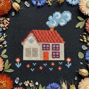 Maison de campagne, modèle de point de croix PDF, décoration Cottagecore primitif, art folklorique, grille de point de croix - téléchargement numérique CS162