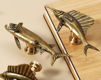 Bronzen vaste visknoppen, massief messing dieren kastdeurknoppen, op maat gegraveerde keukenkastgrepen, kastknoppen, ladekastgrepen