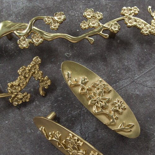Brass Flower Branch Drawer Pulls Knobs Flowers Cupboard Door Etsy Canada